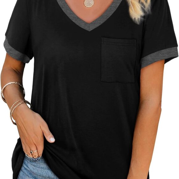 Tops - Women's Short Sleeve V Neck Casual T Shirt with Pocket - Xx-large, Black
